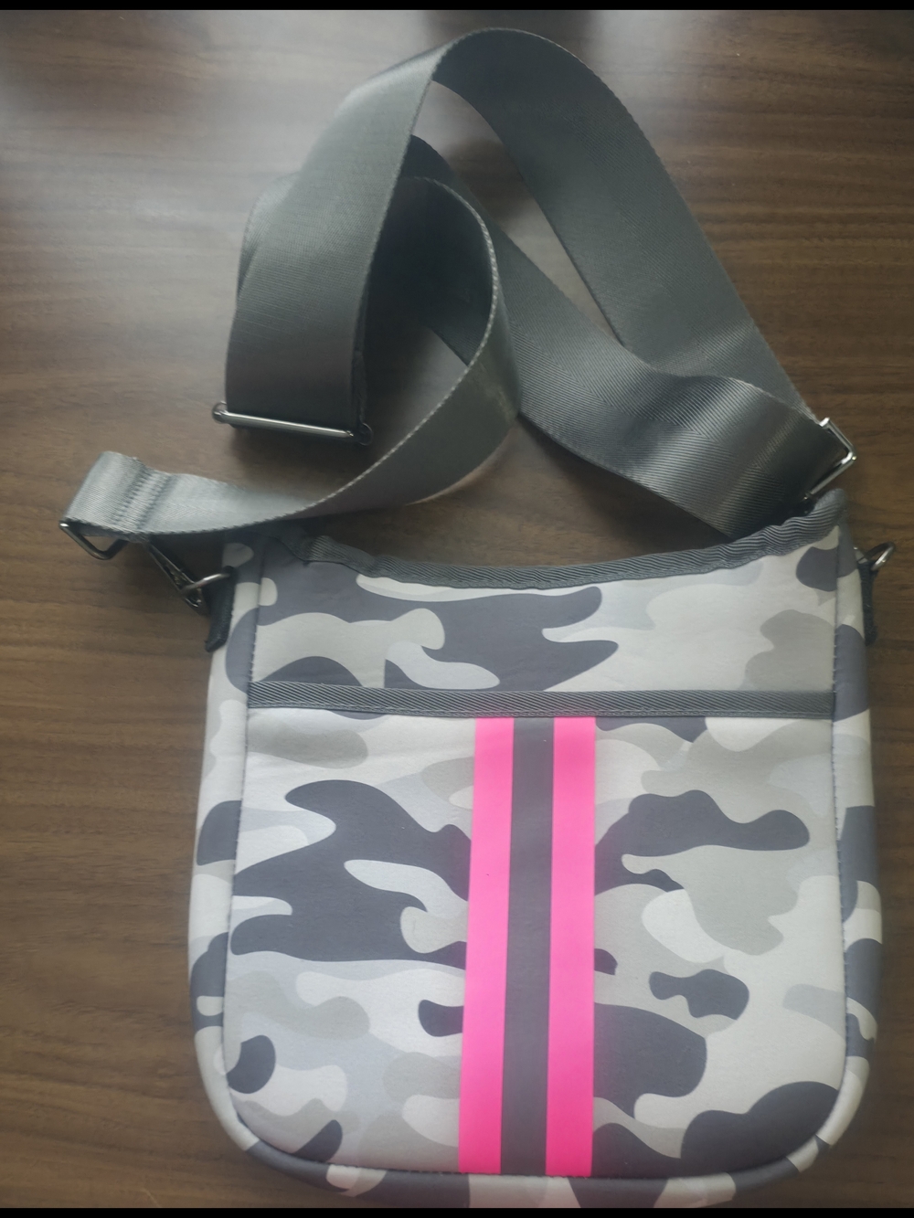 HAUTE SHORE Gray Camo Crossbody with Pink Stripe